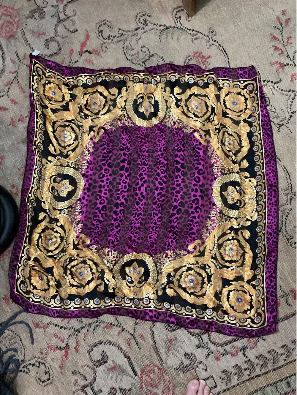 Elegant 100% Silk Purple Leopard Print and Gold Patterned Scarf